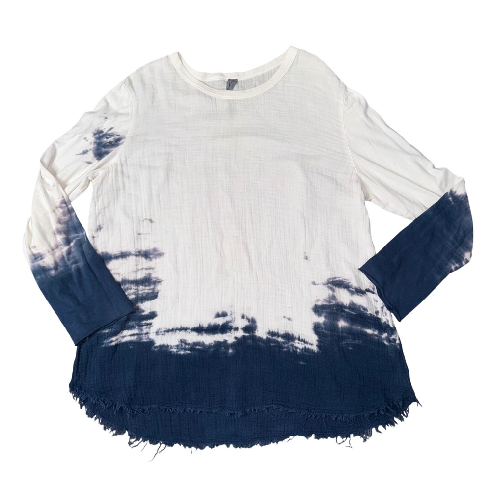 Raquel Allegra Blue White Tie Dye Cotton Gauze Long Sleeve Raw Hem‎ Top Size 2 M